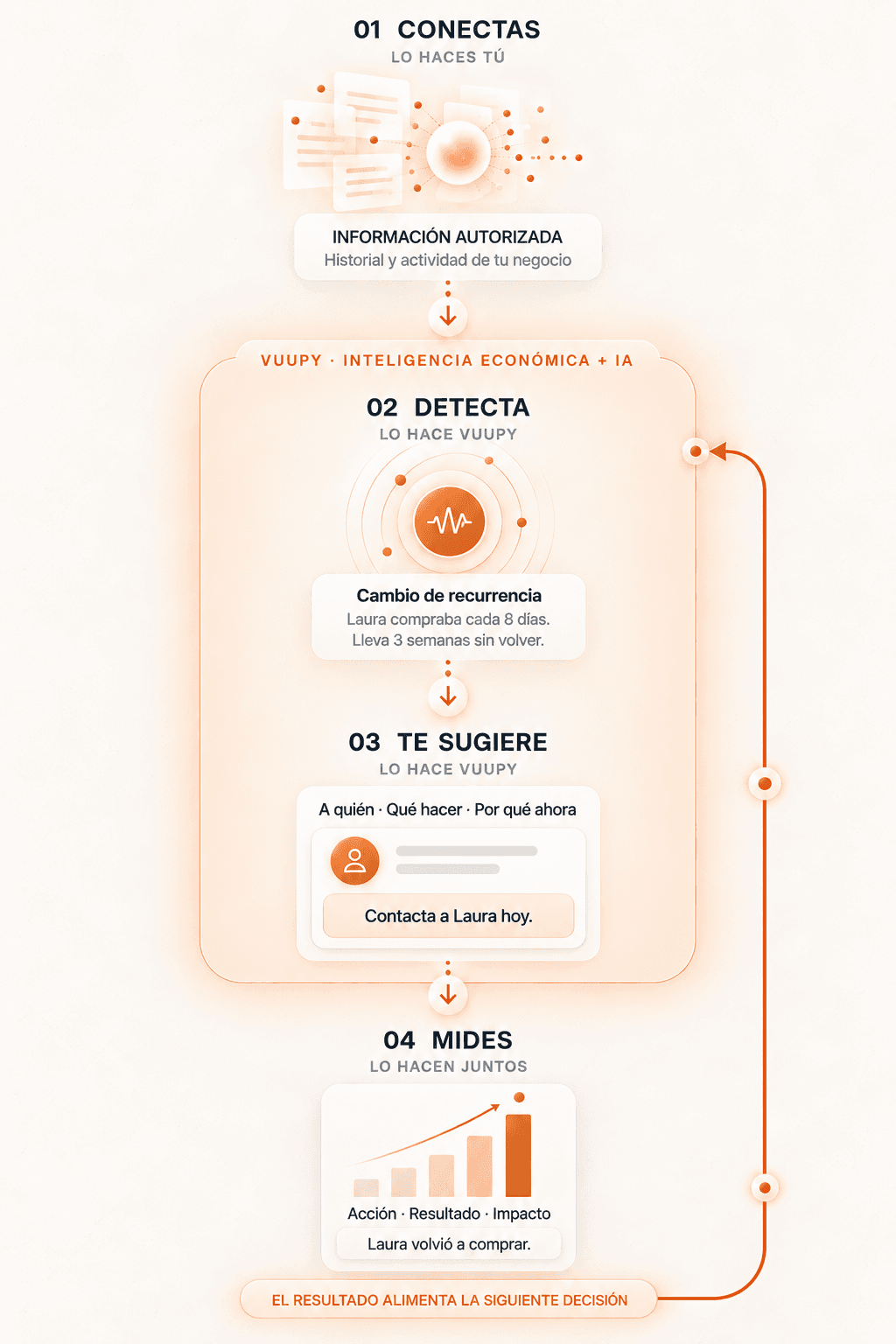 Proceso continuo de Vuupy: conectas información autorizada de tu negocio; Vuupy detecta cambios y sugiere qué hacer; miden juntos el resultado, que alimenta la siguiente decisión.